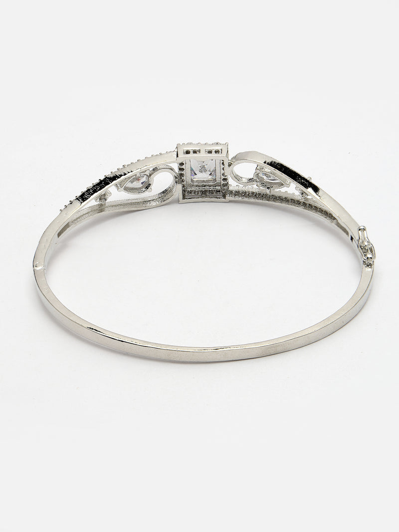 Rhodium Plated Silver Toned White Square & Teardrop American Diamond Studded Cuff Bracelet
