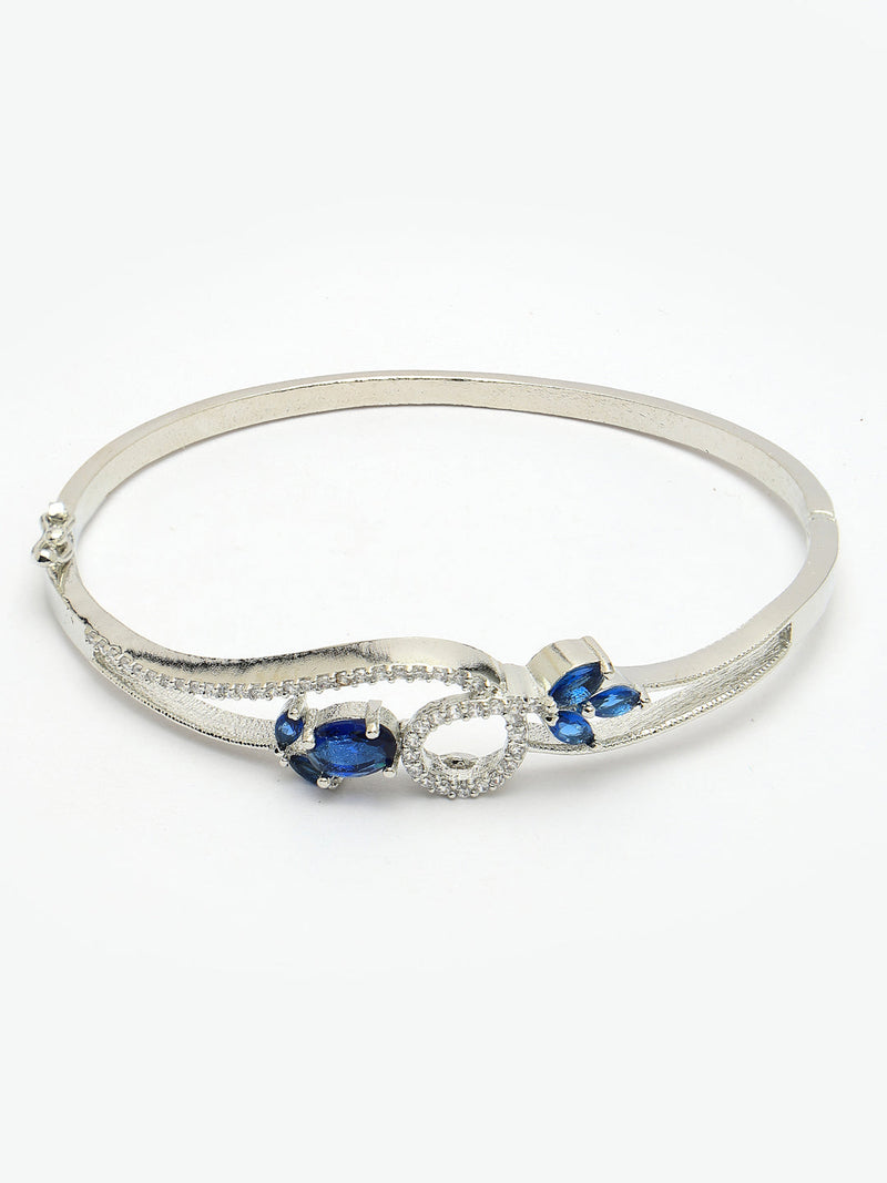 Rhodium Plated Silver Toned Nature Inspired Blue Oval American Diamond Studded Cuff Bracelet