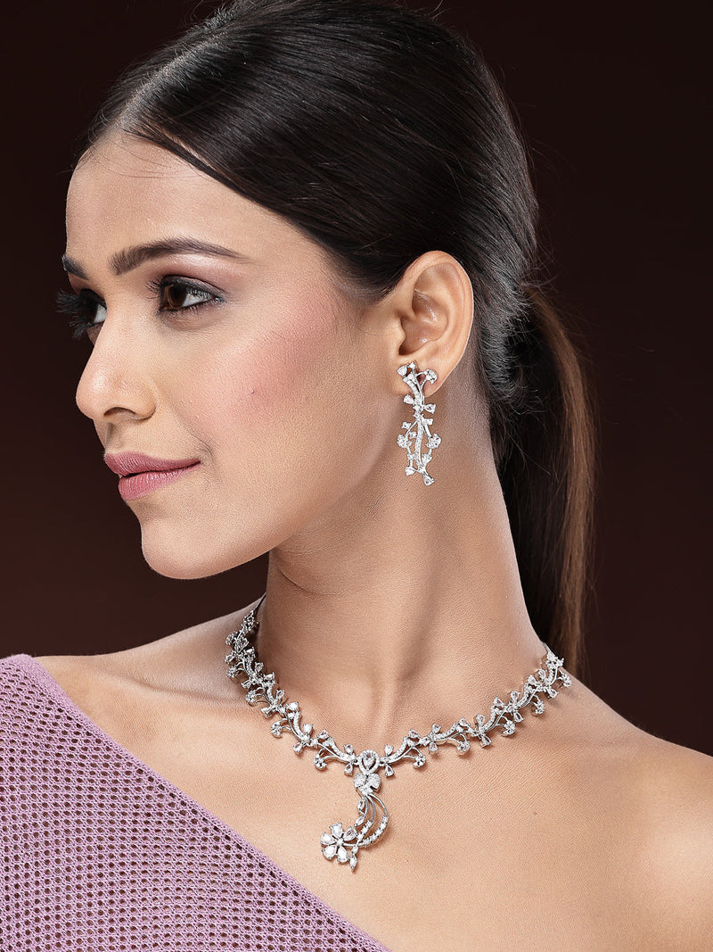 Rhodium Plated & Floral Vine Cascade with White American Diamond  Stone Studded Jewellery set