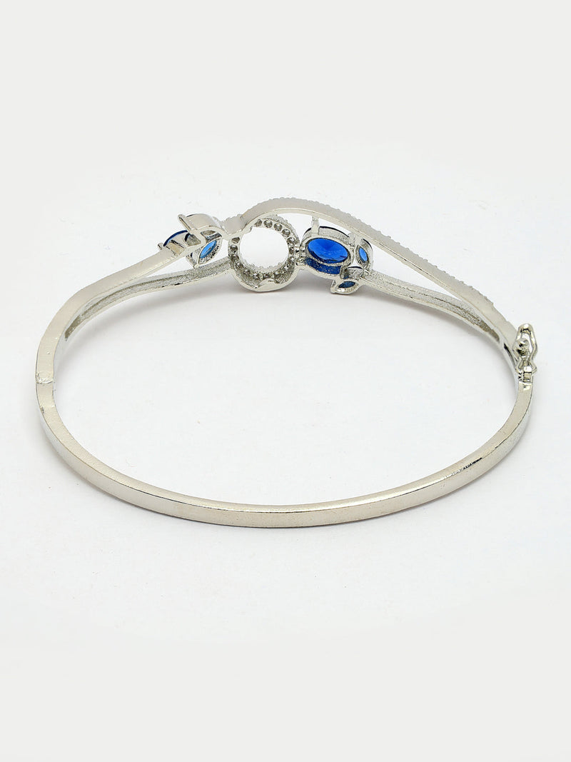Rhodium Plated Silver Toned Nature Inspired Blue Oval American Diamond Studded Cuff Bracelet