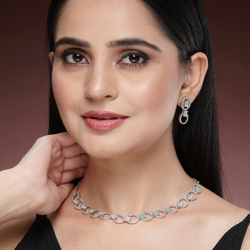 Rhodium Plated Silver Toned Sea Green American Diamond Studded Jewellery Set
