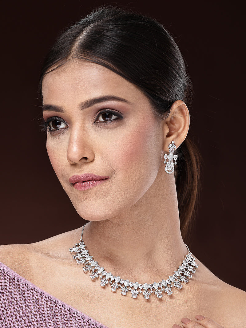 Rhodium Plated with Sukkhi Symmetrical Design & White AD Stone Studded Necklace Set