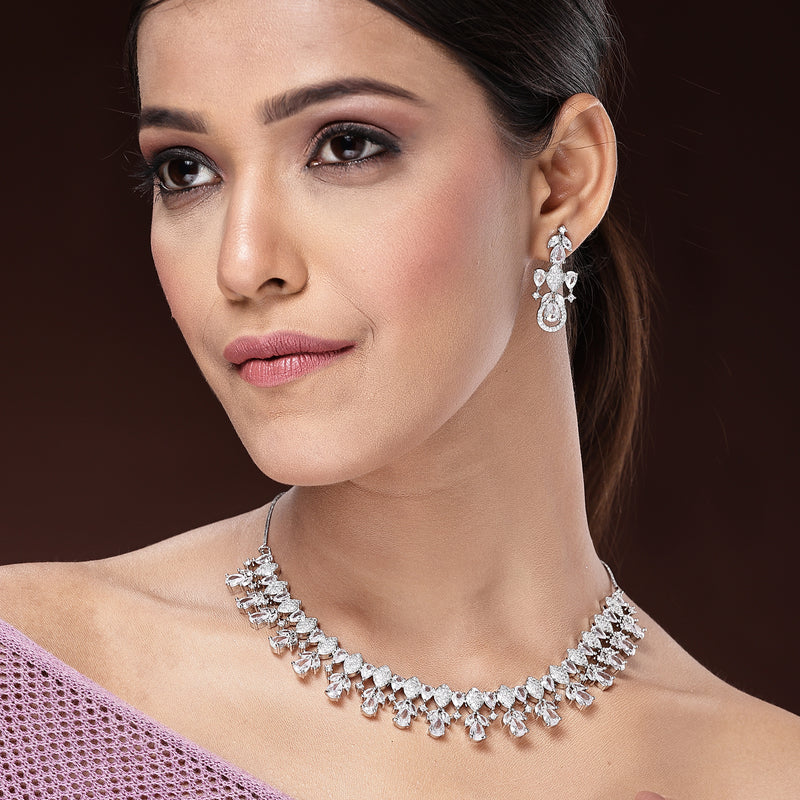 Rhodium Plated Silver Toned White American Diamond Stone Studded Jewellery Set