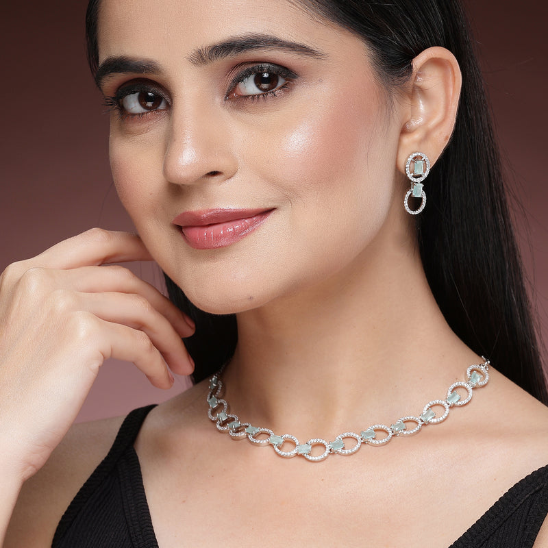 Rhodium Plated Silver Toned Sea Green American Diamond Studded Jewellery Set