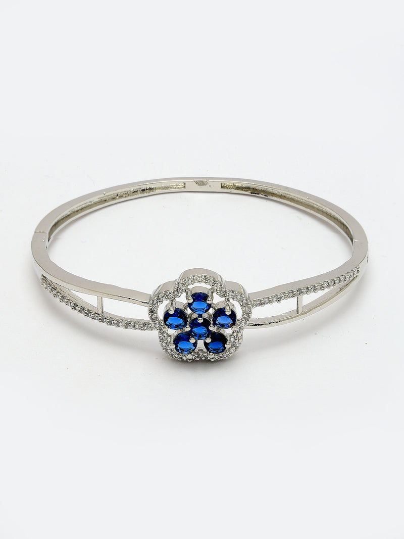 Rhodium Plated Silver Toned Floral Cluster Blue American Diamond  Studded Cuff Bracelet