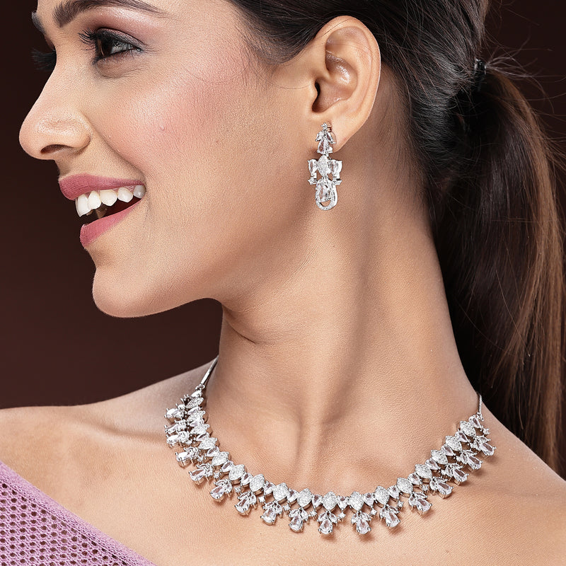 Rhodium Plated Silver Toned White American Diamond Stone Studded Jewellery Set