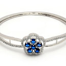 Rhodium Plated Cluster Round Blue AD Contemporary Cuff Bracelet