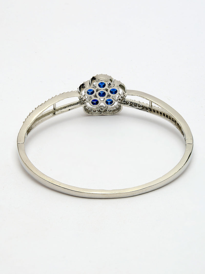Rhodium Plated Silver Toned Floral Cluster Blue American Diamond  Studded Cuff Bracelet