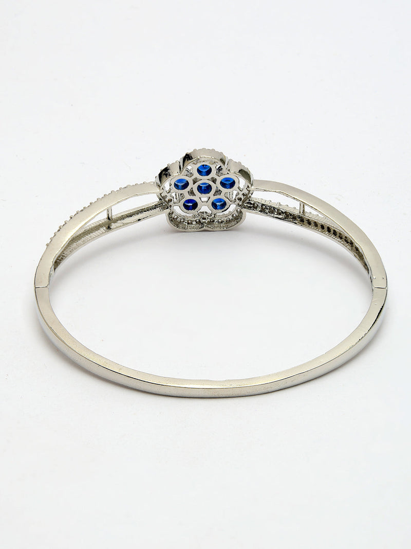 Rhodium Plated Silver Toned Floral Cluster Blue American Diamond  Studded Cuff Bracelet