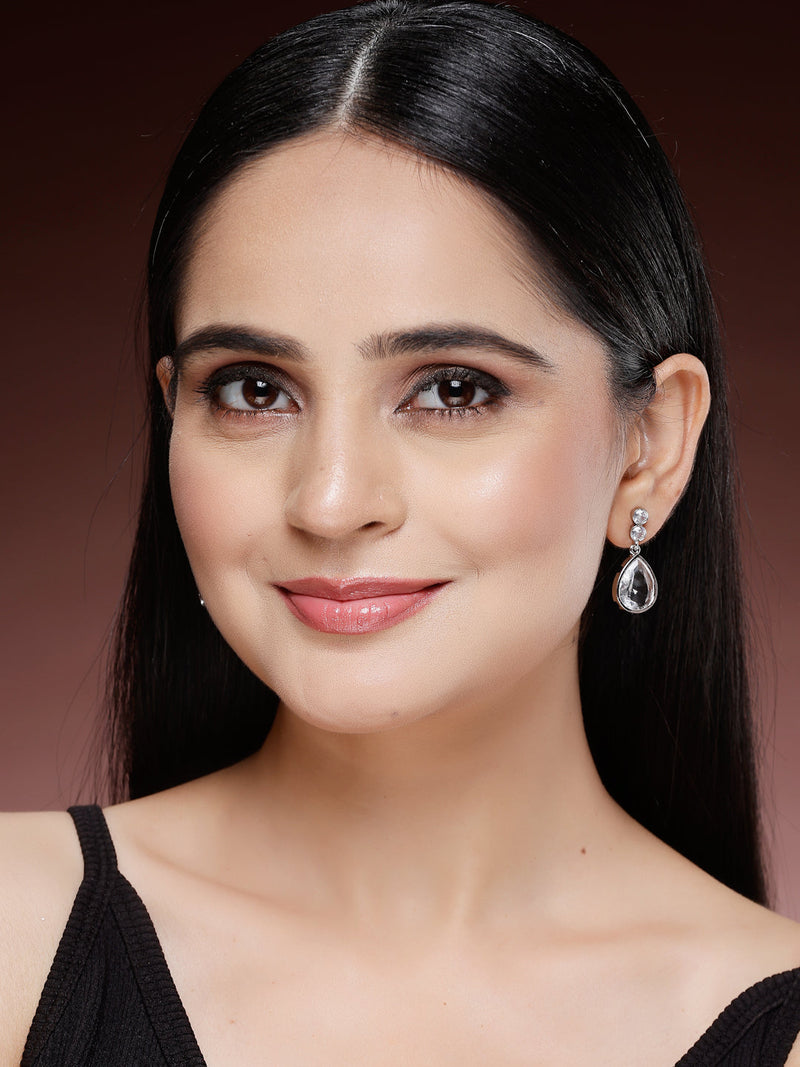 Rhodium Plated Silver Tone with White American Diamond Small Drop Earrings