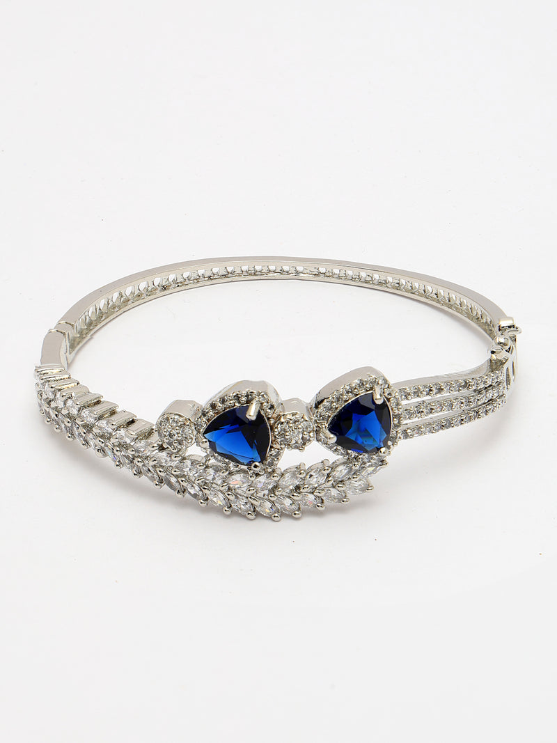 Rhodium Plated Silver Toned Blue Teardrop American Diamond Studded Cuff Bracelet