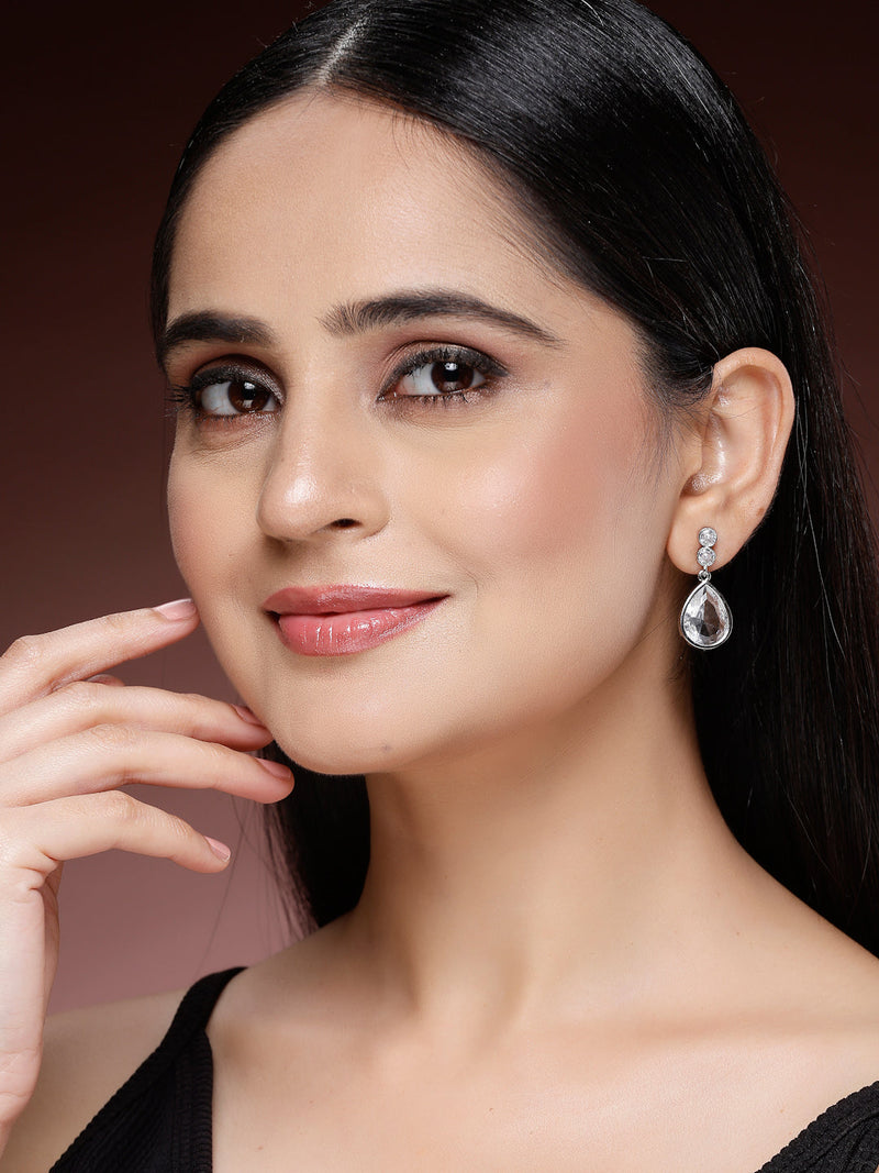 Rhodium Plated Silver Tone with White American Diamond Small Drop Earrings
