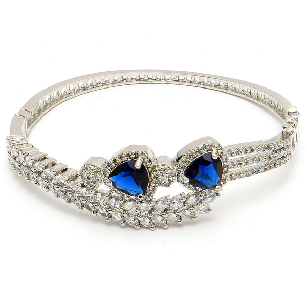 Rhodium Plated Silver Toned Blue Teardrop American Diamond Studded Cuff Bracelet