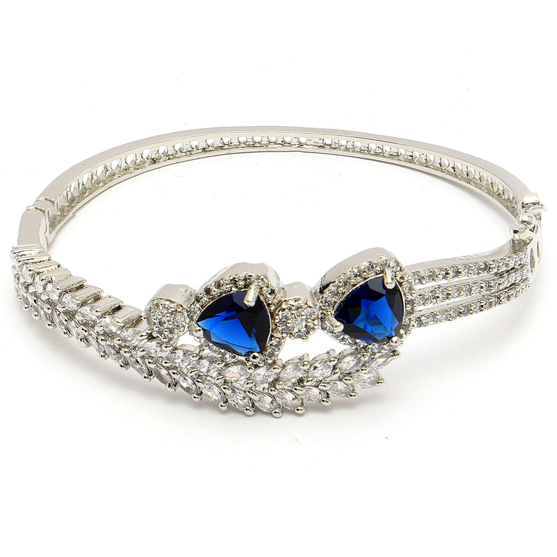 Rhodium Plated Silver Toned Blue Teardrop American Diamond Studded Cuff Bracelet