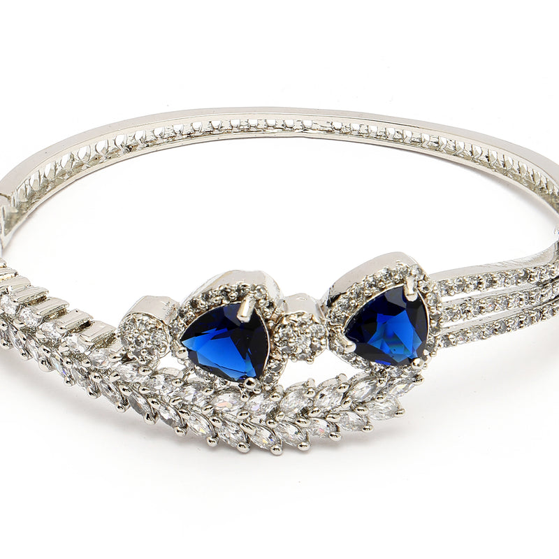 Rhodium Plated Silver Toned Blue Teardrop American Diamond Studded Cuff Bracelet