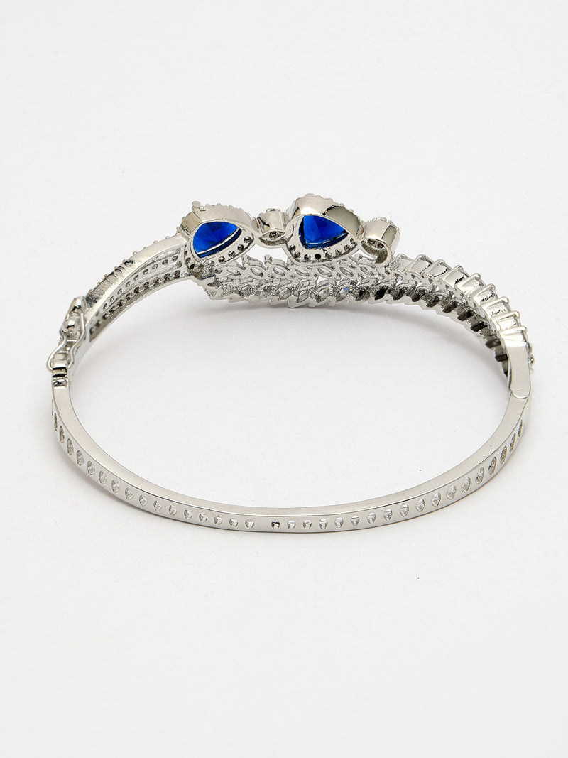 Rhodium Plated Silver Toned Blue Teardrop American Diamond Studded Cuff Bracelet