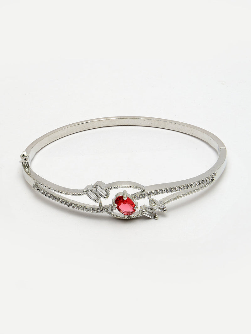 Rhodium Plated Silver Toned  Red Oval American Diamond Studded Cuff Bracelet