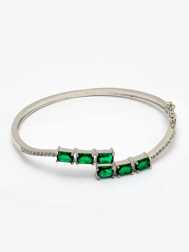 Rhodium Plated Silver Toned Green Baguette Cut American Diamond Studded Cuff Bracelet
