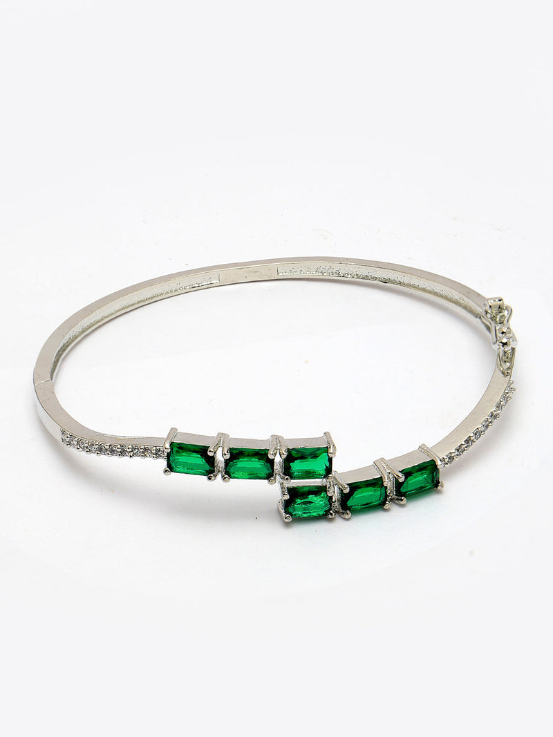 Rhodium Plated Silver Toned Green Baguette Cut American Diamond Studded Cuff Bracelet