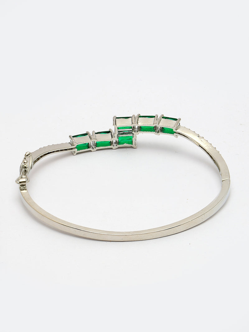 Rhodium Plated Silver Toned Green Baguette Cut American Diamond Studded Cuff Bracelet