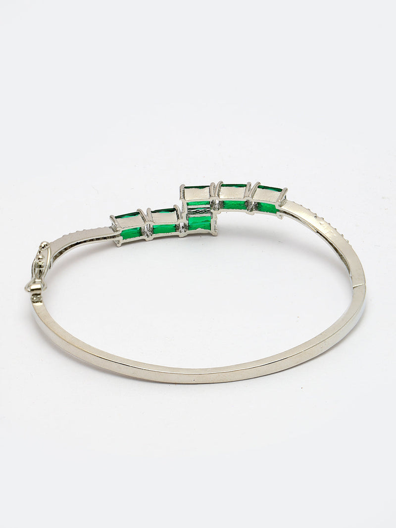 Rhodium Plated Silver Toned Green Baguette Cut American Diamond Studded Cuff Bracelet