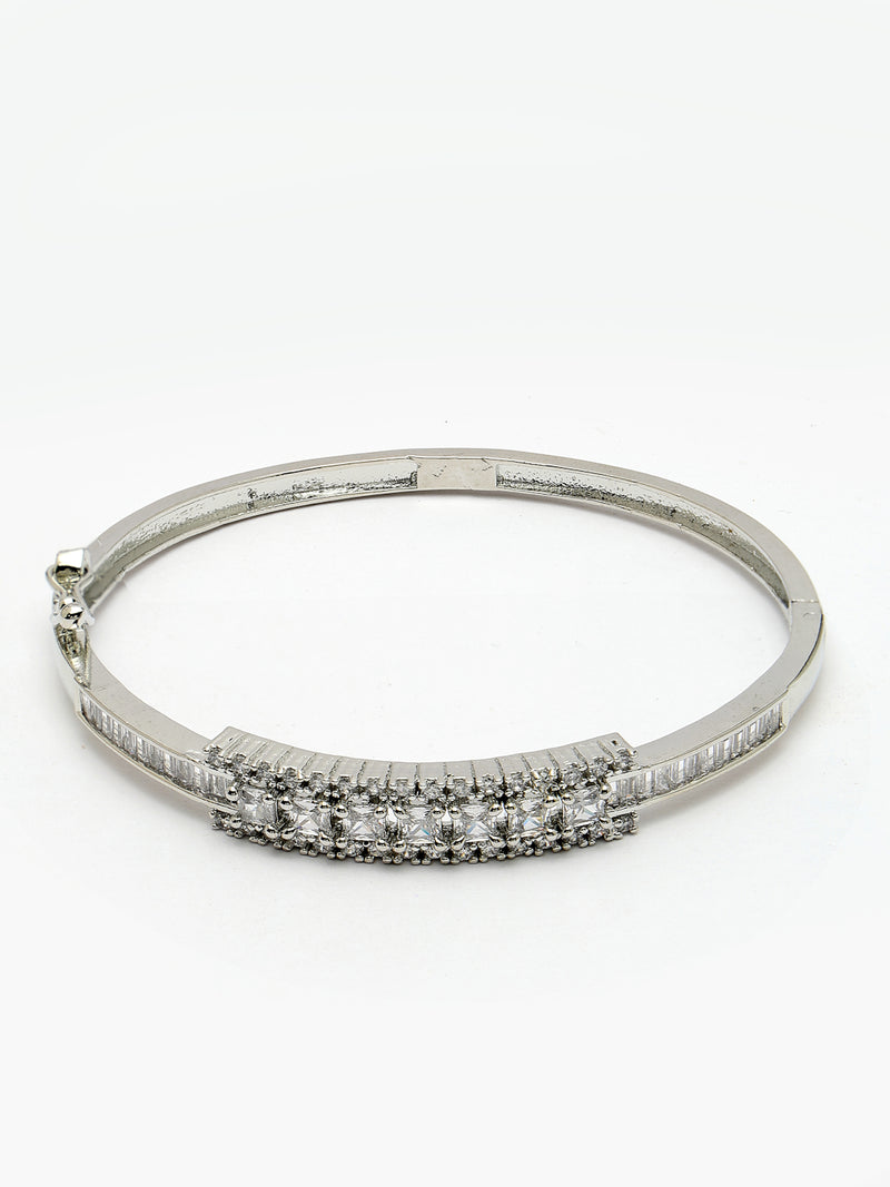 Rhodium Plated Silver Toned Minimal Round White American Diamond Studded Cuff Bracelet