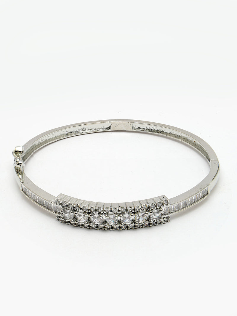 Rhodium Plated Silver Toned Minimal Round White American Diamond Studded Cuff Bracelet