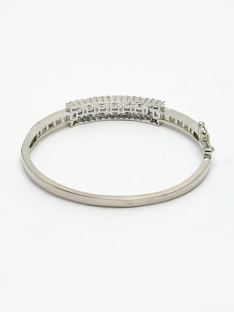 Rhodium Plated Silver Toned Minimal Round White American Diamond Studded Cuff Bracelet