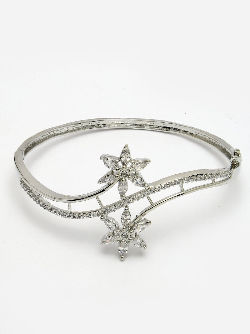 Rhodium Plated Silver Toned Floral Design White American Diamond Studded Cuff Bracelet