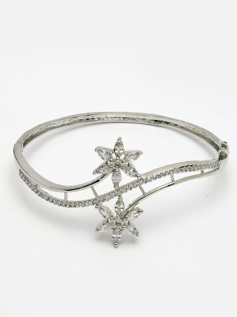 Rhodium Plated Silver Toned Floral Design White American Diamond Studded Cuff Bracelet