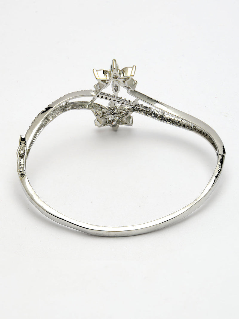 Rhodium Plated Silver Toned Floral Design White American Diamond Studded Cuff Bracelet