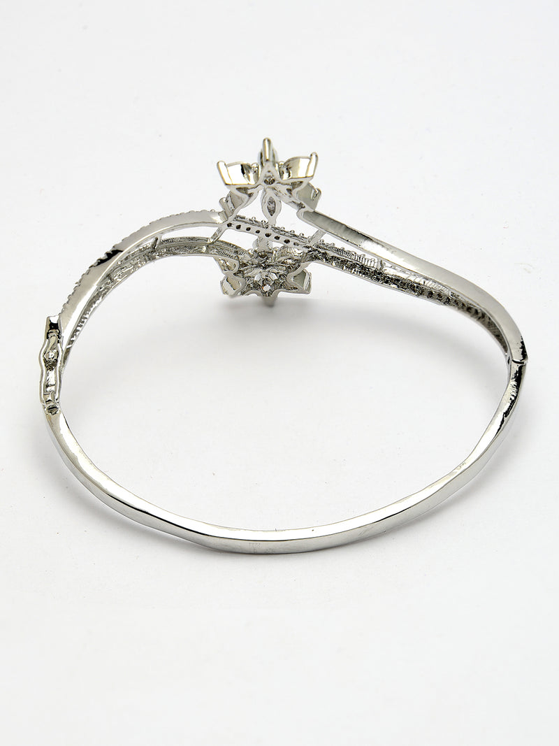 Rhodium Plated Silver Toned Floral Design White American Diamond Studded Cuff Bracelet
