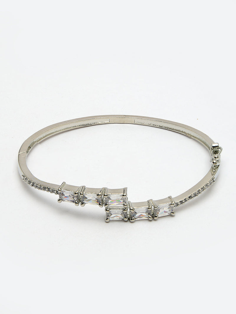 Rhodium Plated Silver Toned White Baguette Cut American Diamond Studded Cuff Bracelet