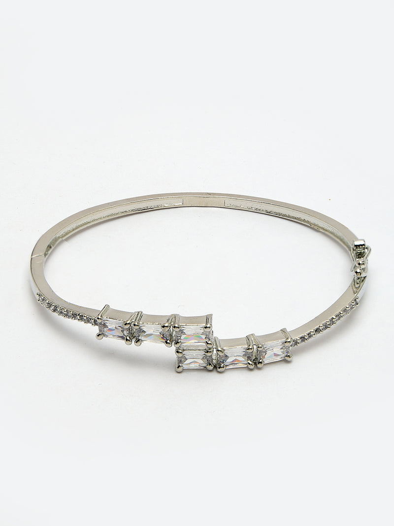 Rhodium Plated Silver Toned White Baguette Cut American Diamond Studded Cuff Bracelet