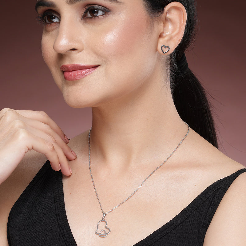 Rhodium Plated with Stylish Heart Shaped Stainless Steel Pendant Set