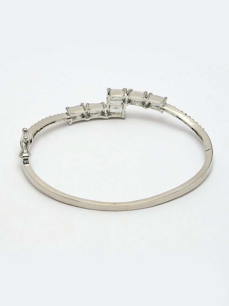 Rhodium Plated Silver Toned White Baguette Cut American Diamond Studded Cuff Bracelet