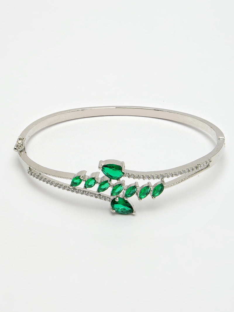 Rhodium Plated Silver Toned Leaf Design Green Teardrop American Diamond Studded Cuff Bracelet
