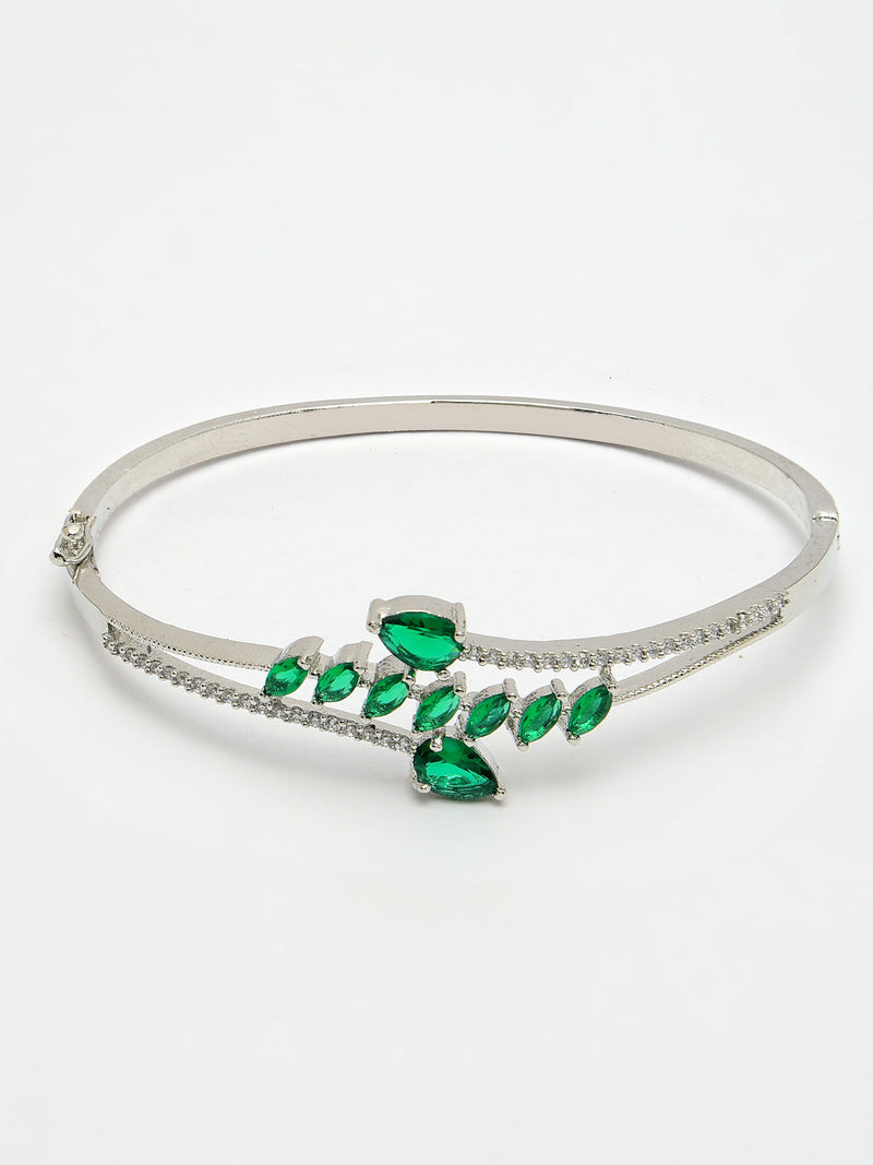 Rhodium Plated Silver Toned Leaf Design Green Teardrop American Diamond Studded Cuff Bracelet