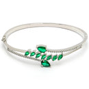 Rhodium Plated Silver Toned Leaf Design Green Teardrop American Diamond Studded Cuff Bracelet