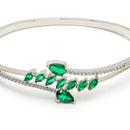 Rhodium Plated Silver Toned Leaf Design Green Teardrop American Diamond Studded Cuff Bracelet
