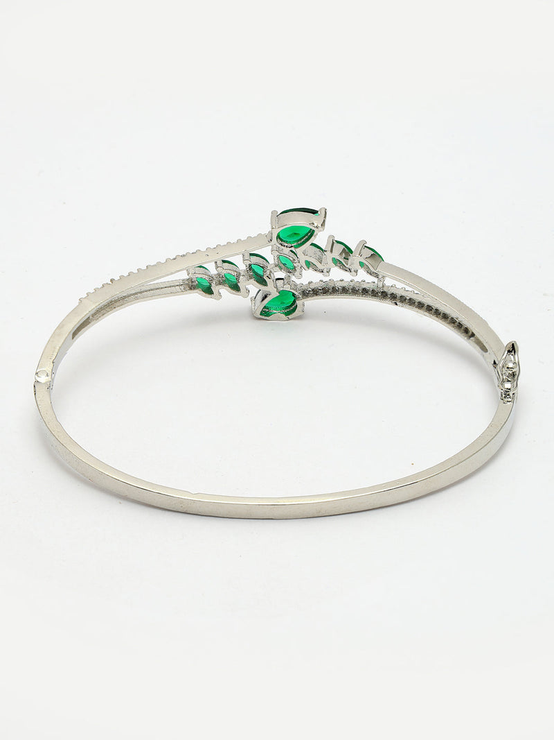 Rhodium Plated Silver Toned Leaf Design Green Teardrop American Diamond Studded Cuff Bracelet