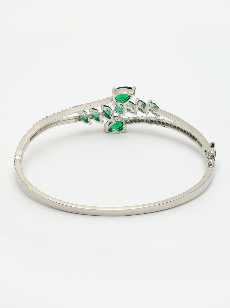 Rhodium Plated Silver Toned Leaf Design Green Teardrop American Diamond Studded Cuff Bracelet
