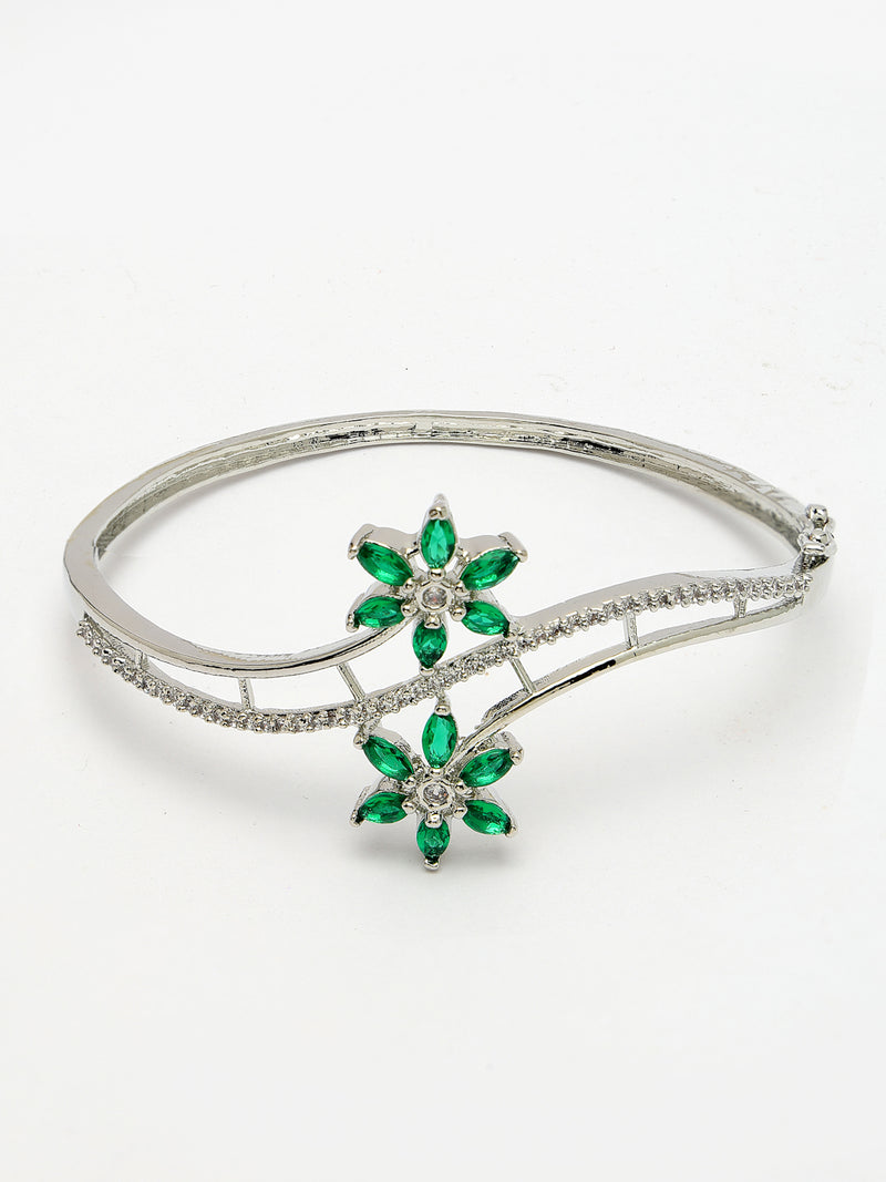 Rhodium Plated Silver Toned Floral Design Green American Diamond Studded Cuff Bracelet