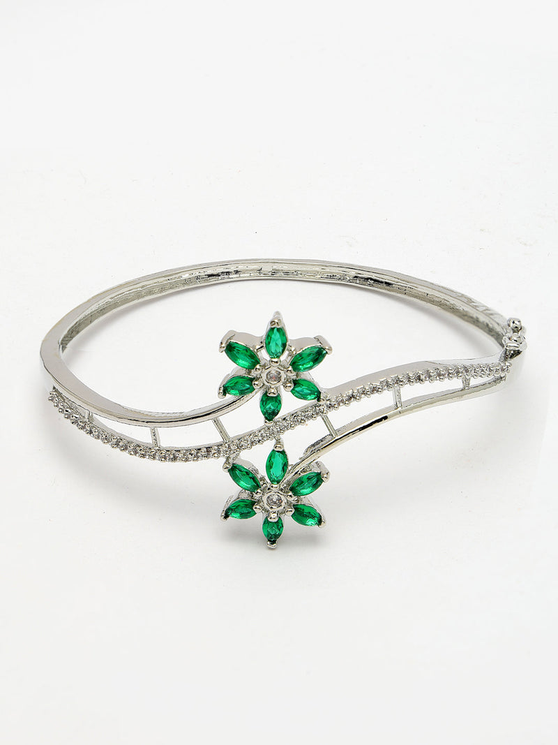 Rhodium Plated Silver Toned Floral Design Green American Diamond Studded Cuff Bracelet