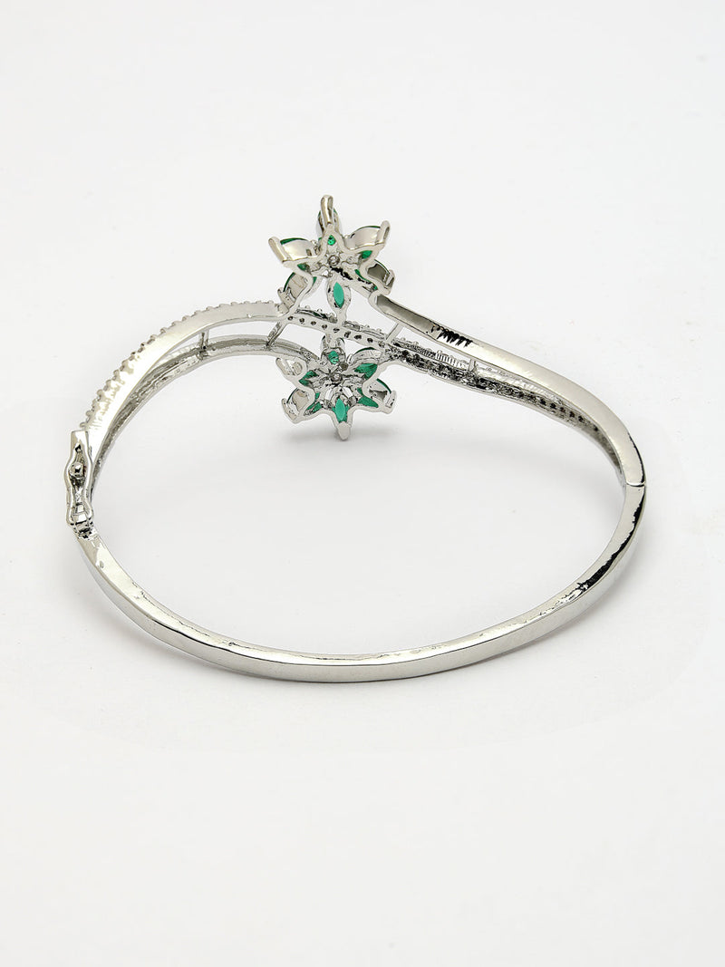 Rhodium Plated Silver Toned Floral Design Green American Diamond Studded Cuff Bracelet