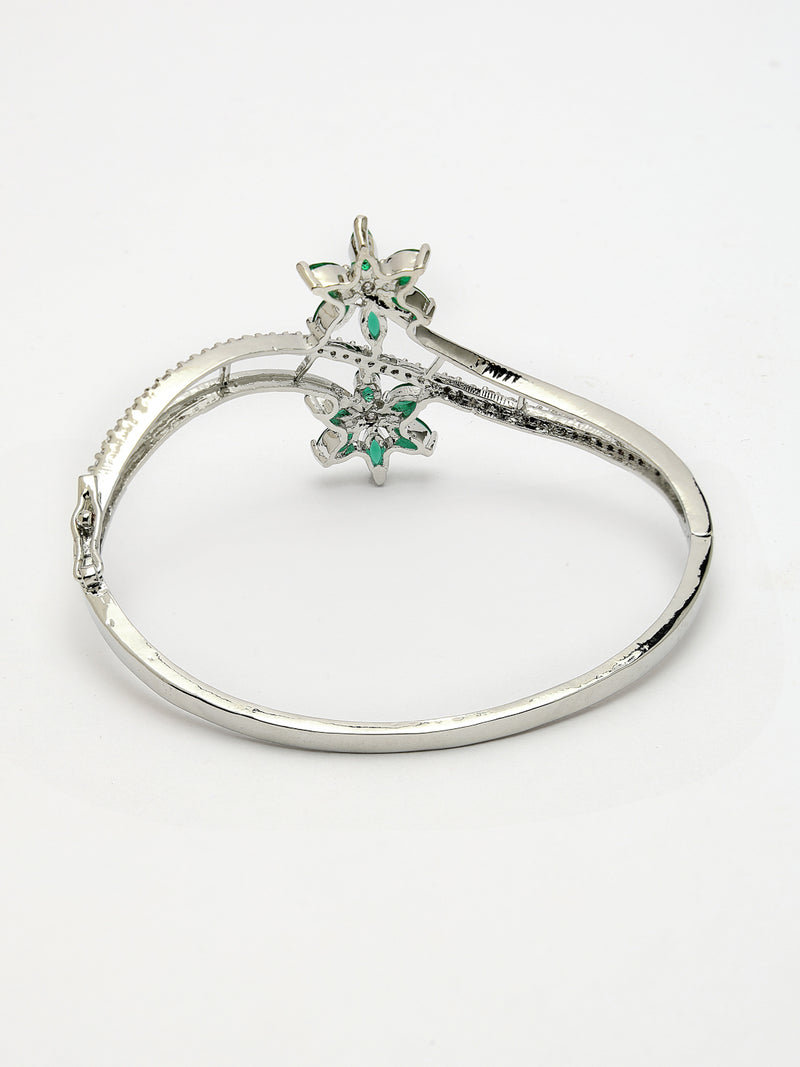 Rhodium Plated Silver Toned Floral Design Green American Diamond Studded Cuff Bracelet