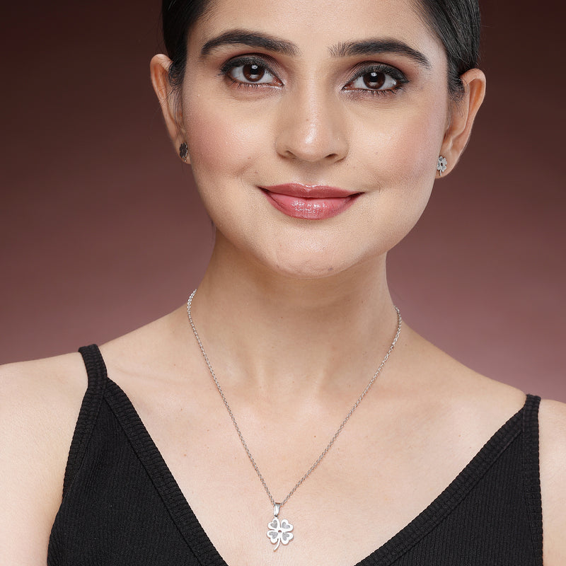 Rhodium Plated with Clover Leaf Shaped Design Stainless Steel Pendent Set
