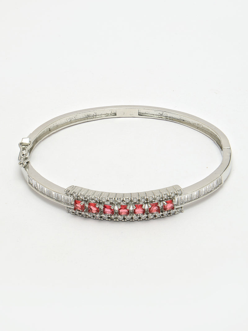 Rhodium Plated Silver Toned Minimal Round Red American Diamond Studded Cuff Bracelet