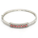 Rhodium Plated Silver Toned Minimal Round Red American Diamond Studded Cuff Bracelet