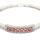 Rhodium Plated Silver Toned Minimal Round Red American Diamond Studded Cuff Bracelet